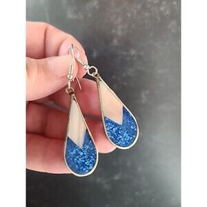 Blue Enamel And Shell Dangling Pierced Earrings Vintage, READ